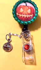 Halloween Pumpkin 3 Id badge holder retractable alligator clip