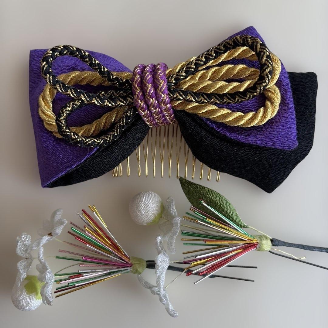 Purple & Black Ribbon Hair Ornament Set with Flower, Used, 14cm