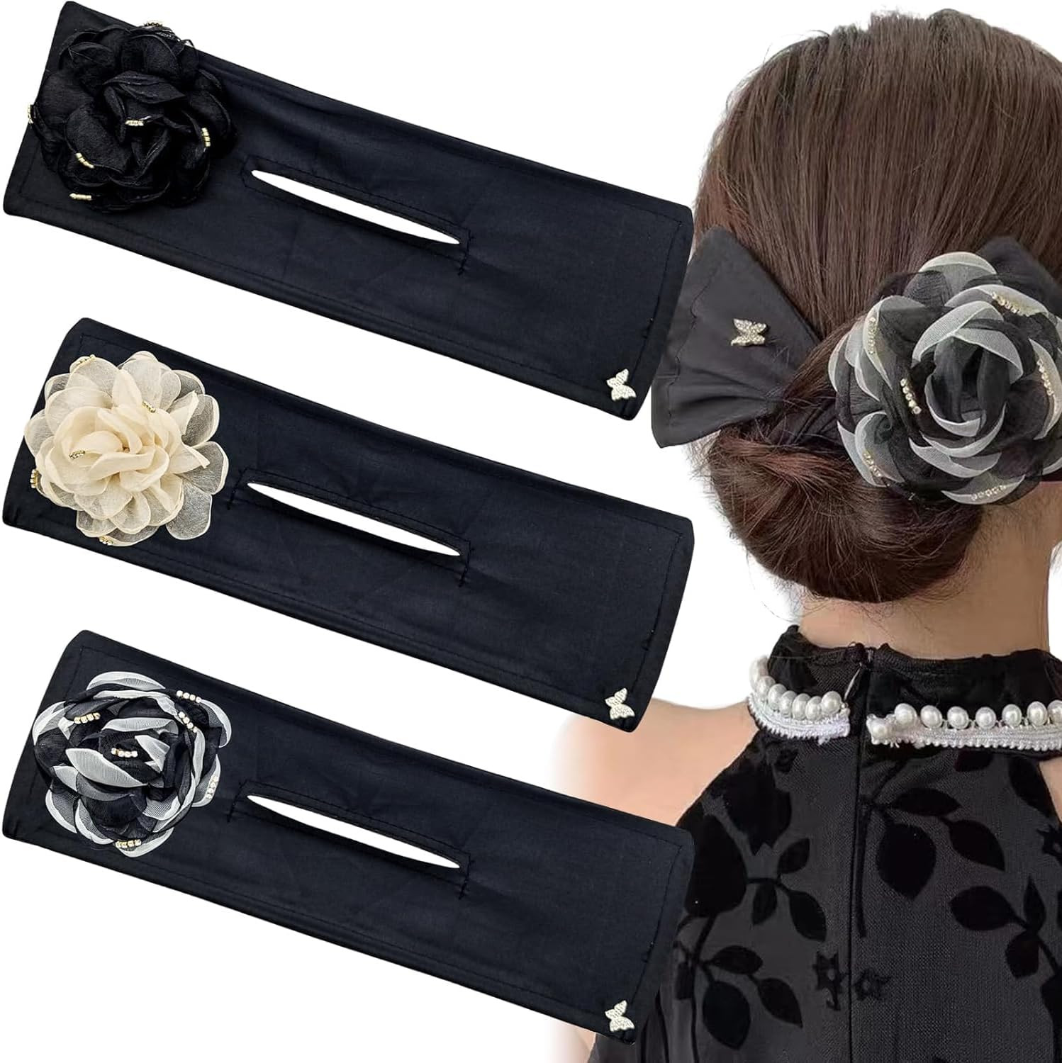 3 PACK Hair Bun Maker for Twister, Big Camellia Flower Flexible Donut Bun, Fashi