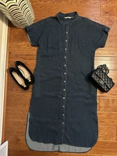 Soft Surroundings Je Veux Button Up Midi Shirt Dress Blue Sz Large Pocket