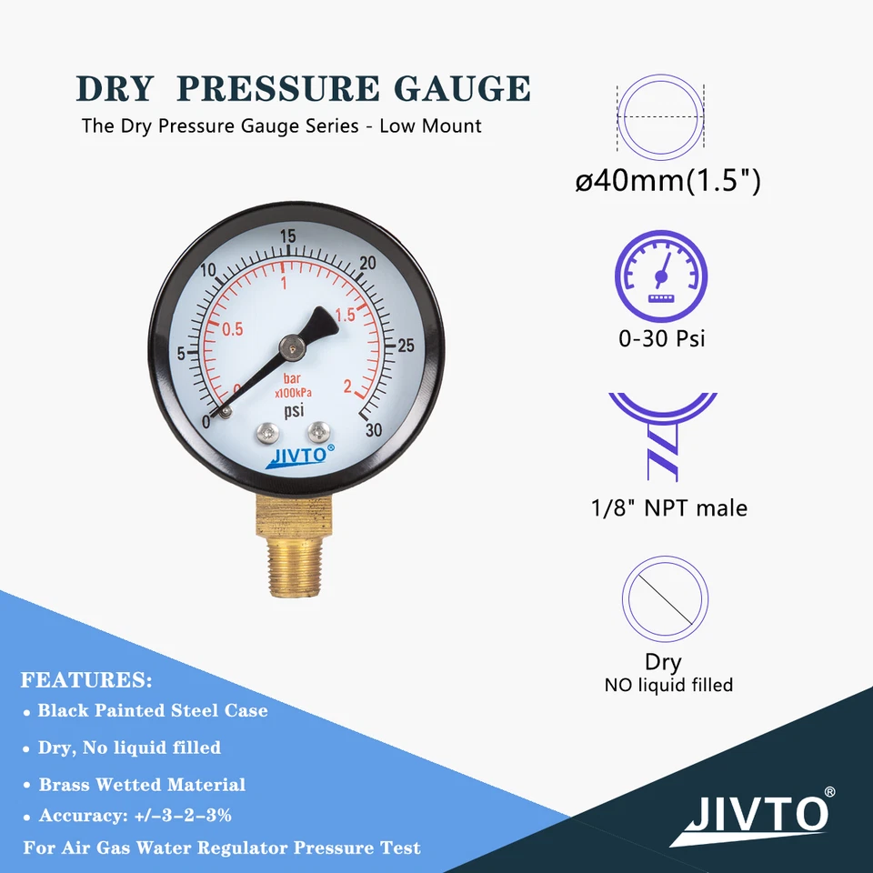 General Dry Pressure Gauge, 2" Dia, 0-30 psi, 1/8 NPT Bottom Mount ( pack of 1) - image 2 of 4
