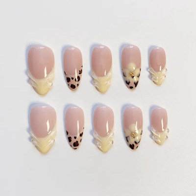 30P Short Almond Press on Nails, Cream Yellow Leopard 3D Wave Fake Nails