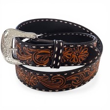 Western Tooled Leather Belt Dark Brown Chestnut Floral Cowboy Rodeo Size 36