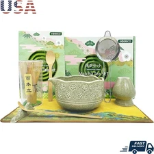 Complete Matcha Whisk Set Bamboo Scoop Bowl Whisk Holder Sifter Tea Towel New
