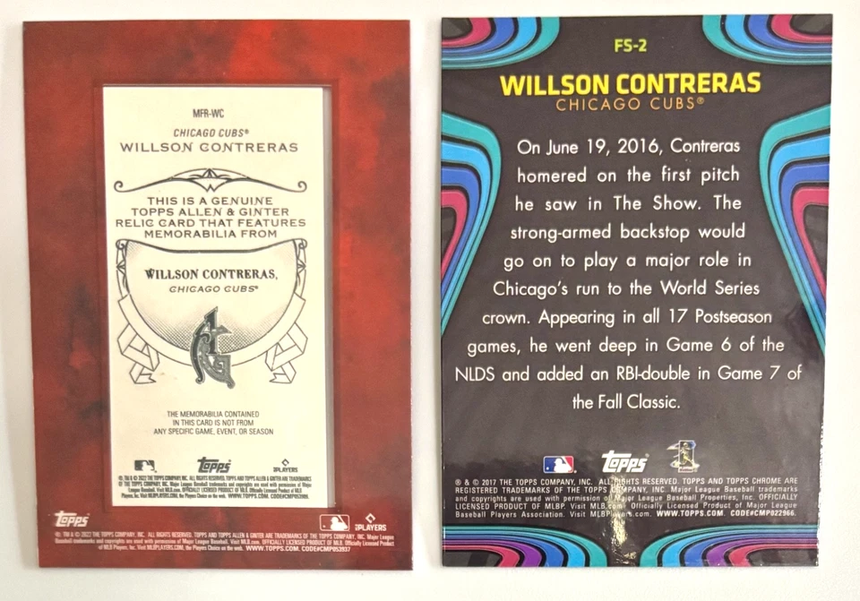 2022 Topps Allen & Ginter #MFR-WC Wilson Contreras Red Border Patch Chicago Cubs - Image 2 of 2