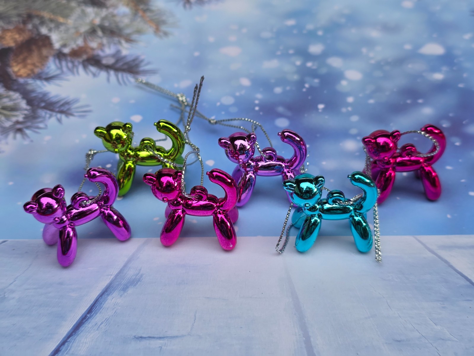 (6) mini 1.5" tall plastic balloon animal cat Christmas ornaments multicolor