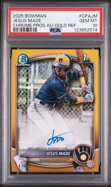 JESUS MADE 2025 BOWMAN CHROME AUTO TRUE GOLD REFRACTOR /50 PSA 10 GEM #CPAJM