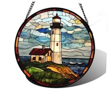 Stained Glass Window Hanging, Ocean Lighthouse Sun Catchers 6.3x6.3 IN Blue
