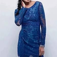 Free People Midnight Blue Lace Long Sleeve V Back dress - Medium