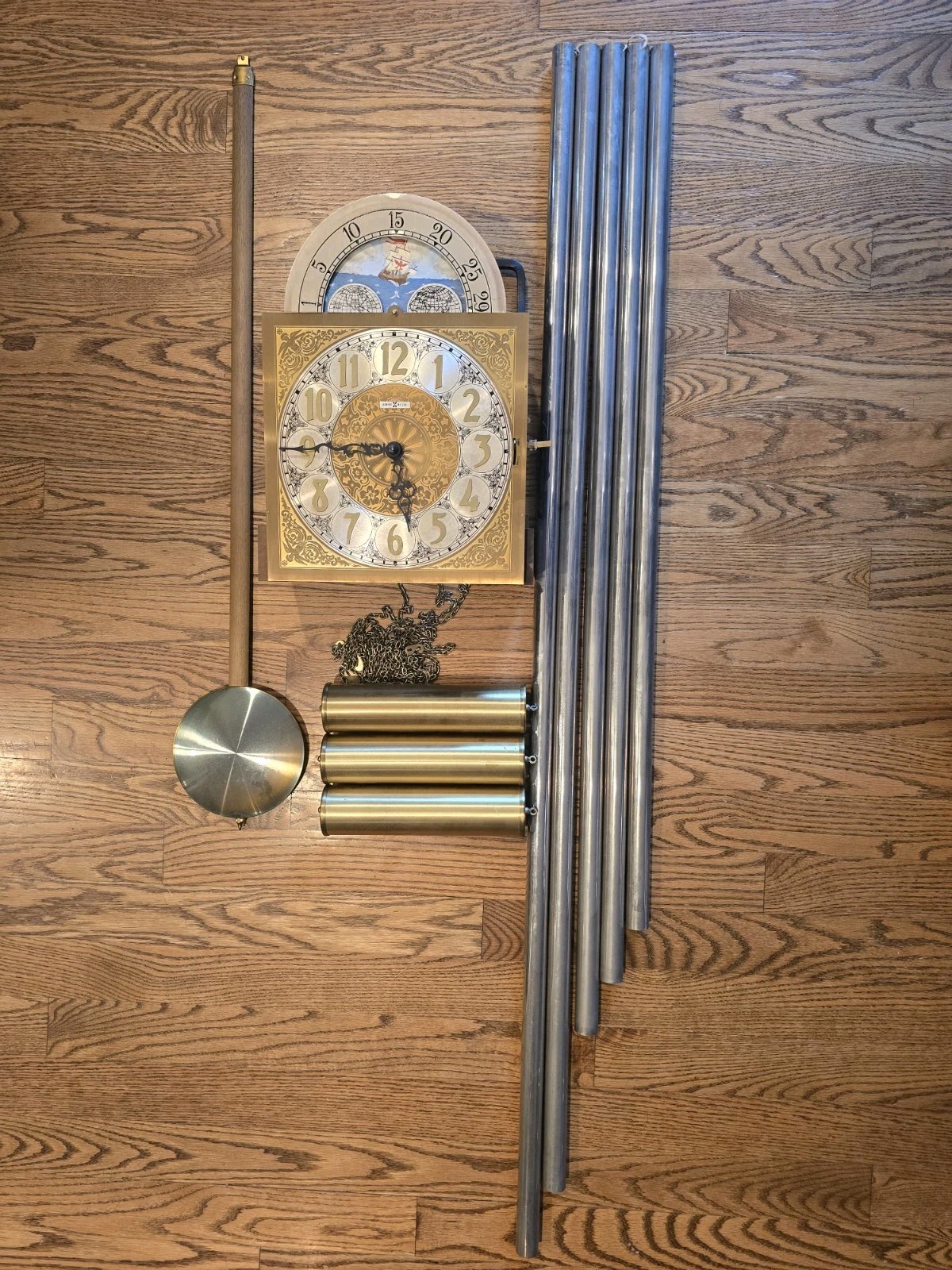 Howard Miller Tubular 5 Tube Grandfather Clock Urgos 3/18A Movement Dial Weights