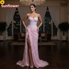 Elegant Pink Prom Dresses Strapless Sweetheart High Split Mermaid Evening Gowns