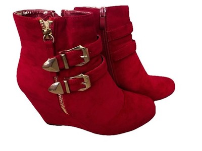 Red Faux Suede Forever High Top 3'' Wedge Heel Zip Up Gold Ankle Booties Boots 8