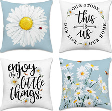 Spring Summer Pillow Covers 18X18 Set of 4, Floral Daisy Outdoor Decorative Thro