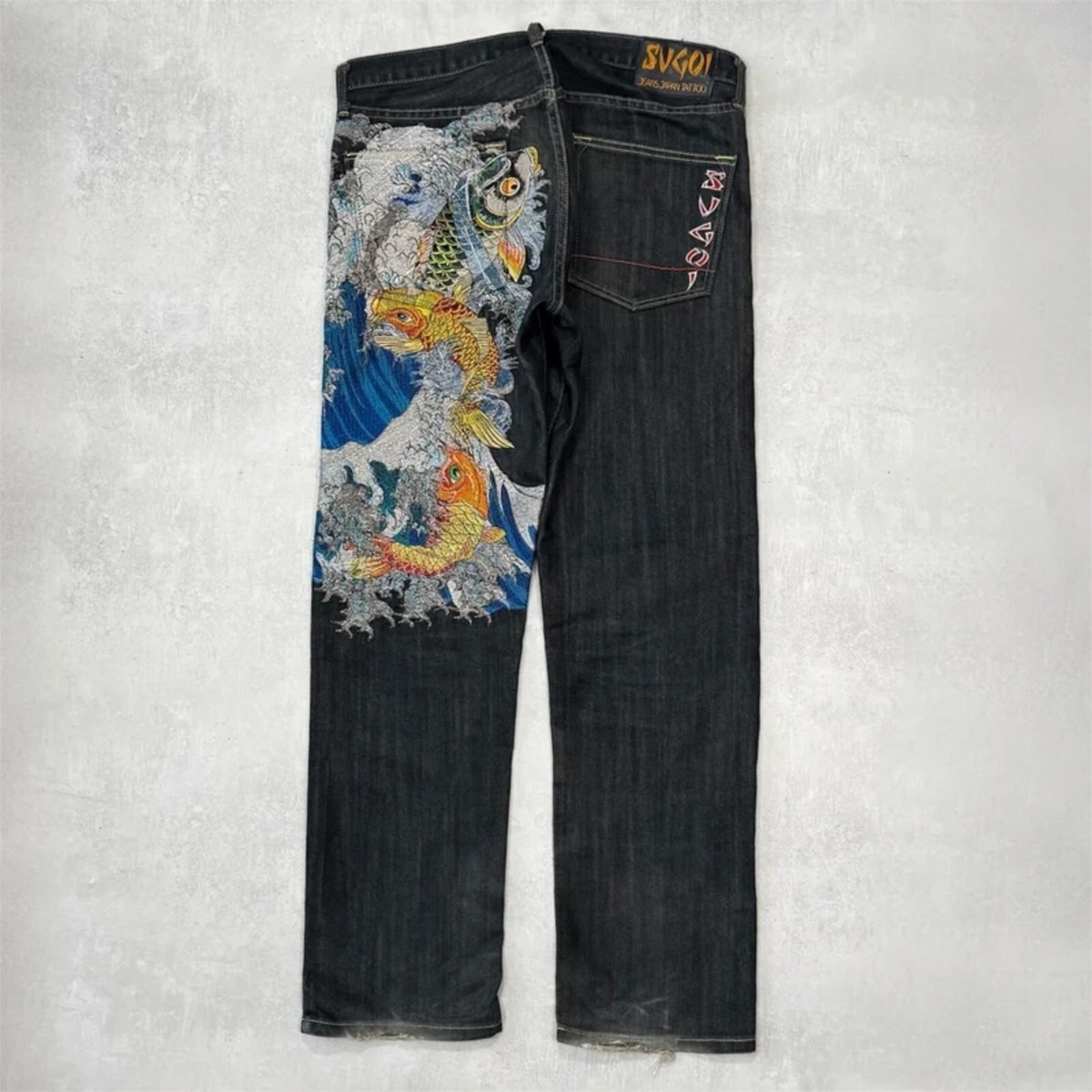 Sugoi Jeans Tattoo Japan Koi Embroidery Wave Denim Jeans | eBay