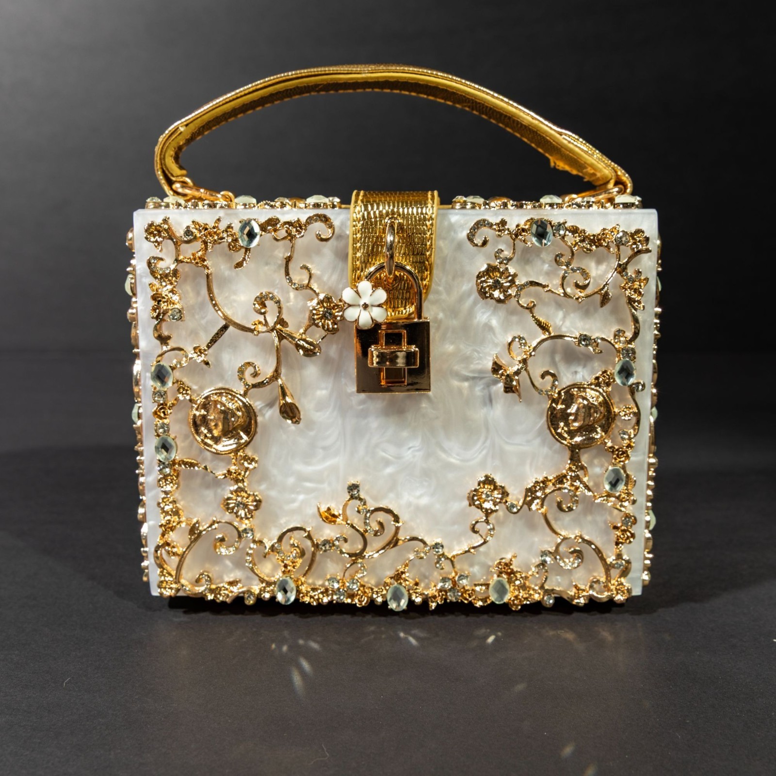 Verano Hill Acrylic Box Handbag White Gold Floral Design NWOT