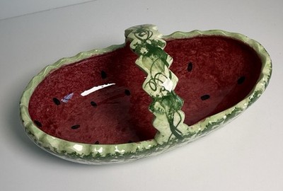 Signed Vicky Jesley 1999 Watermelon Ceramic Serving Bowl Basket Handle 14 