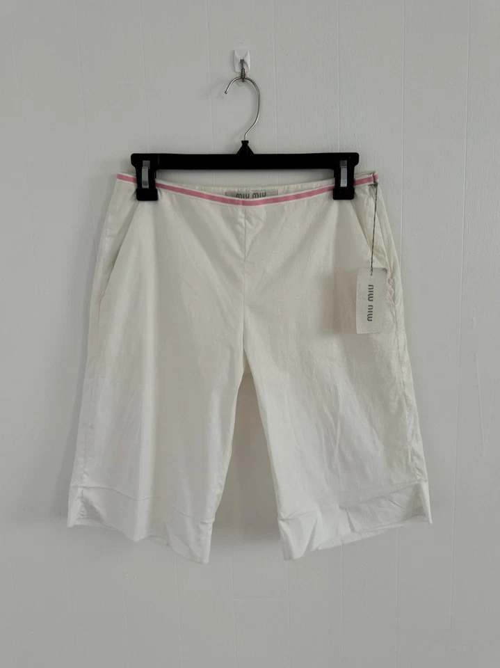 复古 Miu Miu 白色百慕大卡普里短裤粉色条纹全新带标签 42 码