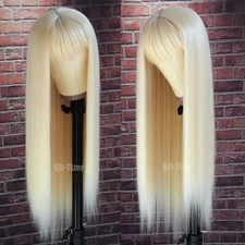 Women #613 Blonde Long Straight Synthetic Hair Wigs Full Bangs Heat Resistant