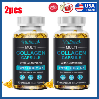 Multi Collagen Peptides-120 Capsules-Type I,II,III,V,X Anti-Aging Collagen Caps