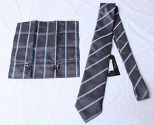 DiBanGu Men's Necktie  Handkerchief Cufflink Set CF6 Grey/Blue One Size NWT