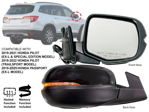 Mirror for 2019-2022 PILOT 2019-2025 PASSPORT with Signal Memory Passenger Side