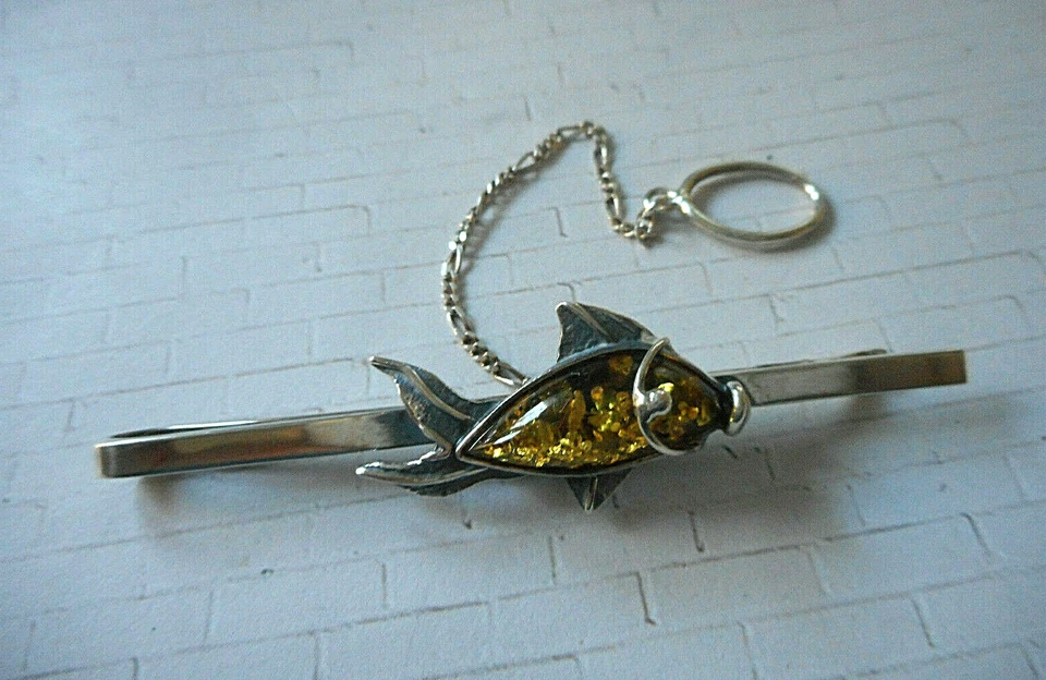 Barra de corbata vintage de plata de ley 925 ámbar 2692RR Foto 3 de 4