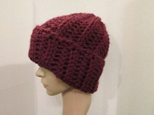 Crochet Handmade Rolled Brim Hat NEW Made in USA Wool-Ease Bulky Yarn WINE