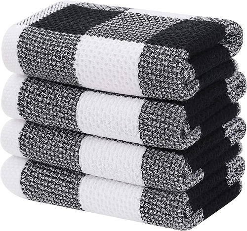100% Cotton Waffle Weave Check Plaid Kitchen Towels, 13 X 28 Inches, Super Soft