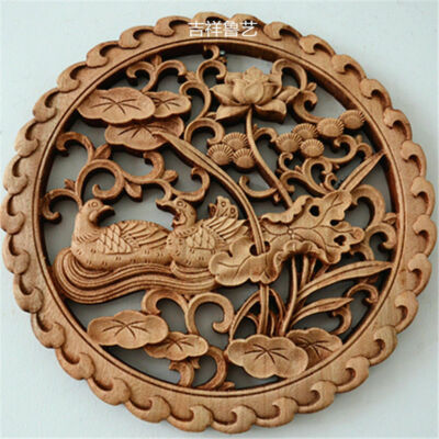 CHINESE HAND CARVED 鸳鸯 STATUE CAMPHOR WOOD ROUND PLATE WALL SCULPTURE
