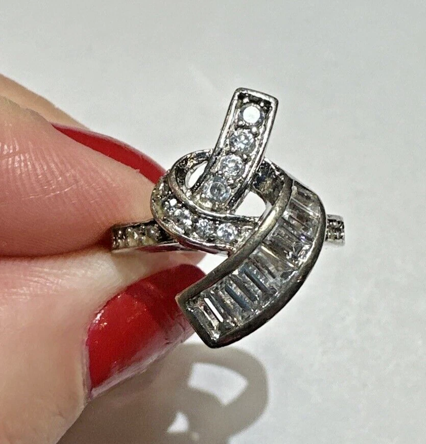 Vintage Art Déco Argento Sterling Nodo Baguette Strass Misura 6 Anello 10f 17 - Immagine 2 di 4
