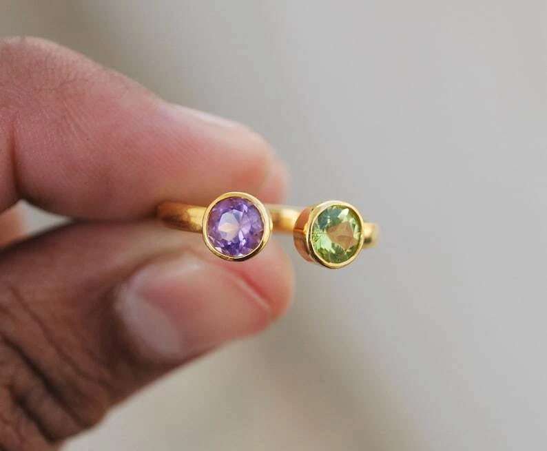 Natürlich Amethyst Und Peridot Zwei Steine Offen Ring 925 Silber Gelb Vergoldet - Bild 4 von 4