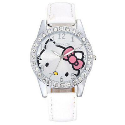Girls Ladies HELLO KITTY QUARTZ ANALOG Fashion WATCH White Band Rhinestones NEW