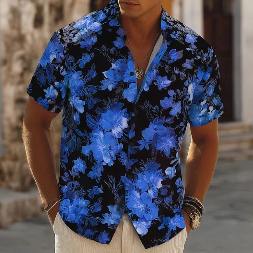 Men's Floral Print Neon Flowers Summer Hawaiian Shirt Button Up Shirt Aloha Shir