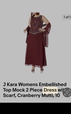 J Kara Embellished Mock Dress with Scarf Cranberry Multi Size 10 Polyester