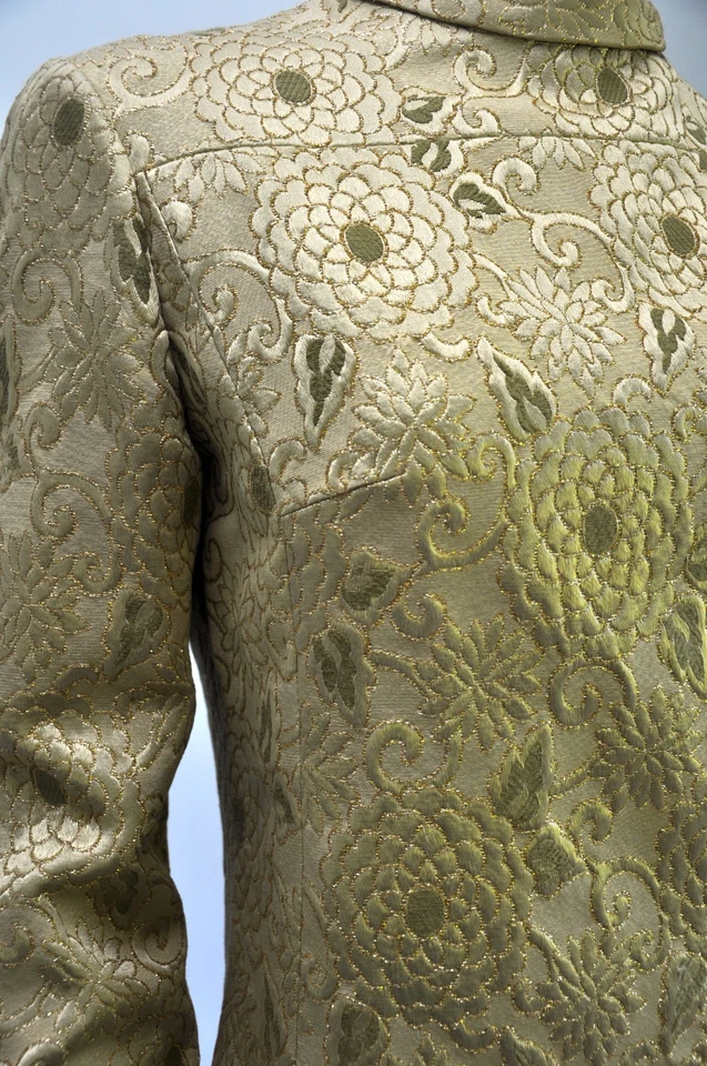 Винтажный 1960-х золото оливковый шелк парчи Mod мини платье с меховыми манжетами XS/S - Изображение 3 из 4