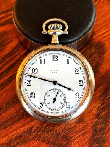 Clean 1913 Elgin 12 Size 7J Grade 303 Solid Nickel Case Nice Dial Runs Great!