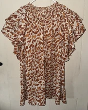 DR2 Boho Blouse Top Orange Flutter Sleeve Ruffle Office Animal Print XL
