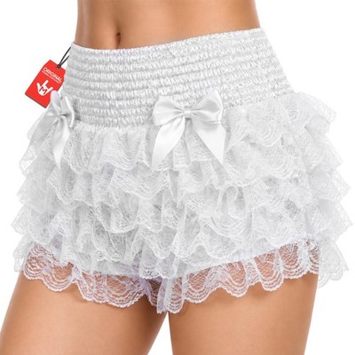 Women`s White Ruffle Pants Adult Lace Frilly Shorts for Burlesque