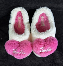 Barbie Women  s US 6 White/Pink Faux Fur Slip-On Slippers Logo Flat