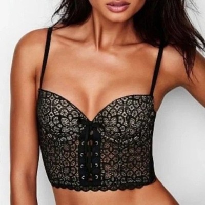 Victoria's Secret Bustier Top Womens 32D Black Lace Padded Demi Bra Corset Top