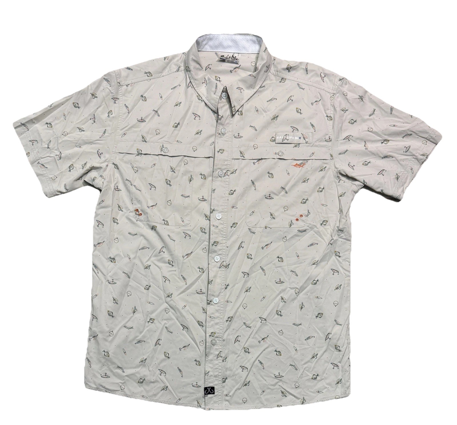 Salt Life Vented Fishing Lure Graphic Short Sleeve Shirt Men’s Sz L Beige