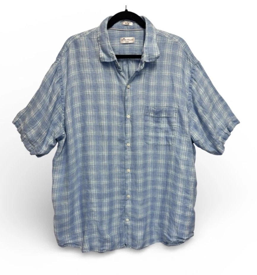 Peter Millar Seaside Linen Short Sleeve Button Down Shirt Blue Summer Men's XXL