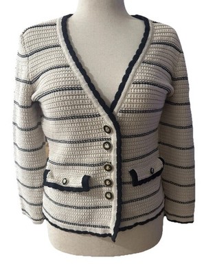Veronica Beard Crochet Stripe Iconic Button Cardigan Blazer Cream Black Size M