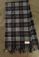 Vintage Burberrys Pure Cashmere Plaid Rectangle Scarf Navy Red Gray White Fringe