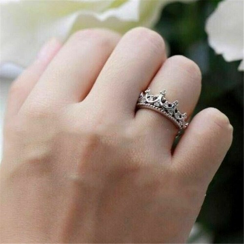 Rings Wedding Silver Women Zirconia Jewelry Size 5-10 Party Crown Gorgeous - Picture 3 of 11