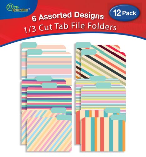 New Generation - 12 Pack Decorative 1/3 Cut Tab File Folders Patterns Designs .