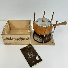Vtg Fondue Set For Six Pot Stand Burner & Forks In Original Wood Box JC Penney/c