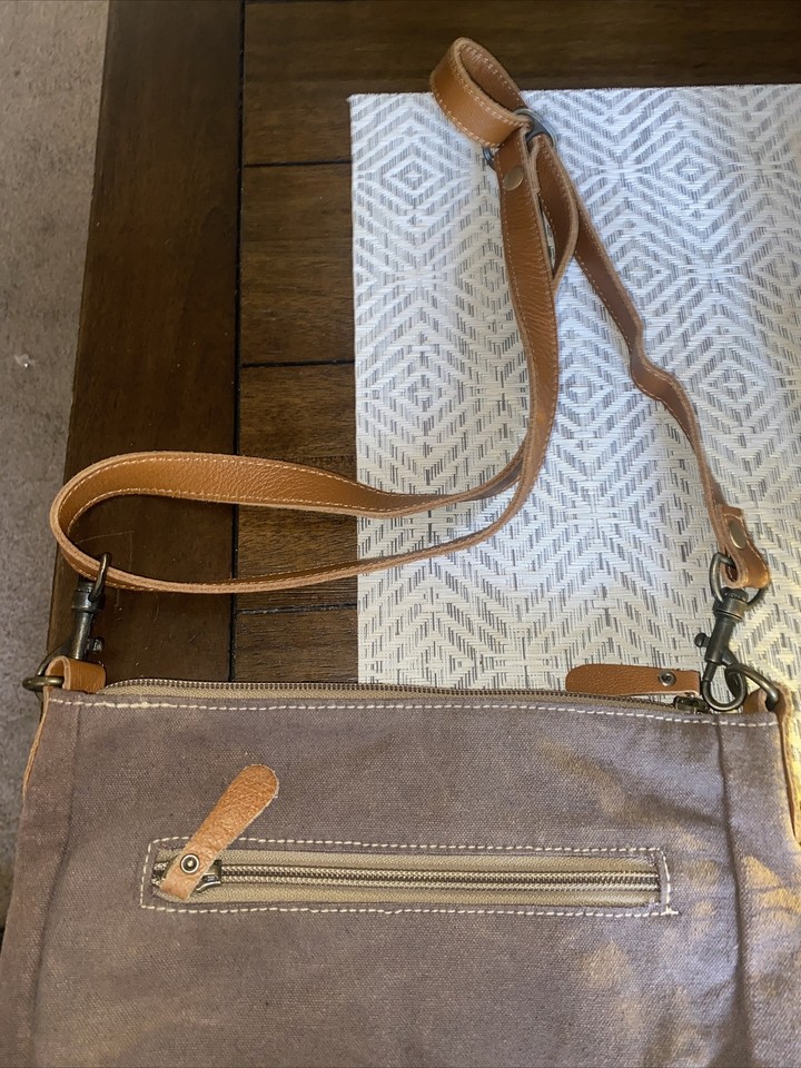 Myra Bag Dizzy Circle Upcycled Canvas Brown Leather Crossbody Purse Shoulder Bag 819699027539 eBay