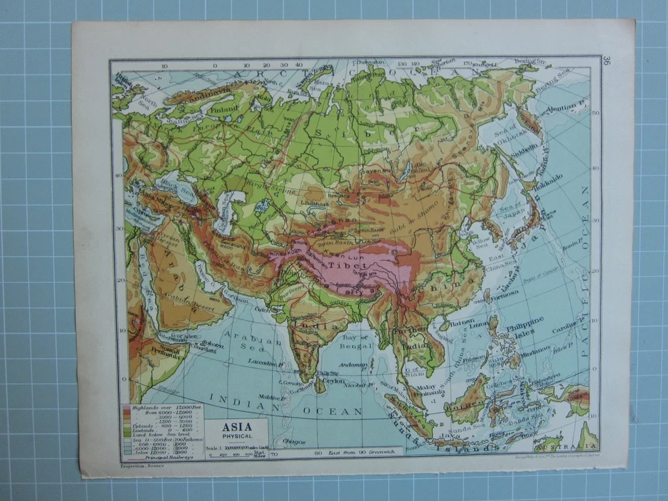 1933 Landkarte Asien Land Höhen Tibet Arabien Indien Sibirien Philippine Japan - Bild 1 von 1