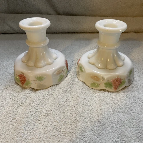 Vintage Westmoreland Lusterware Milk Glass Candle Holders Grapes